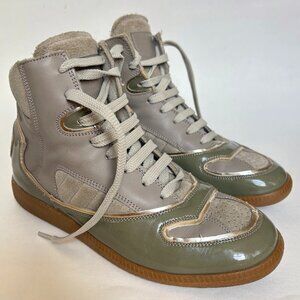 Maison Margiela Sneakers High Top 22 Green Tan Leather Suede Patent Size 37 7